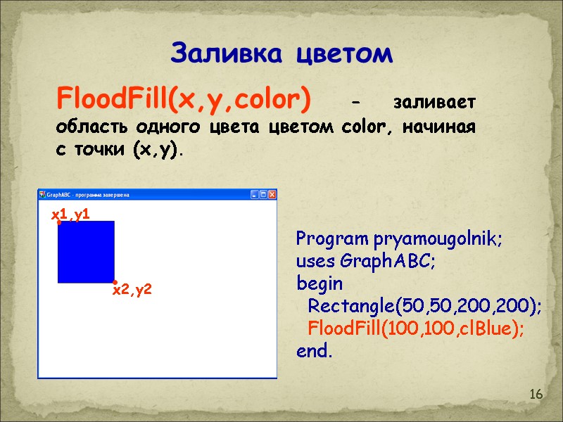 16 Заливка цветом FloodFill(x,y,color) - заливает область одного цвета цветом color, начиная с точки